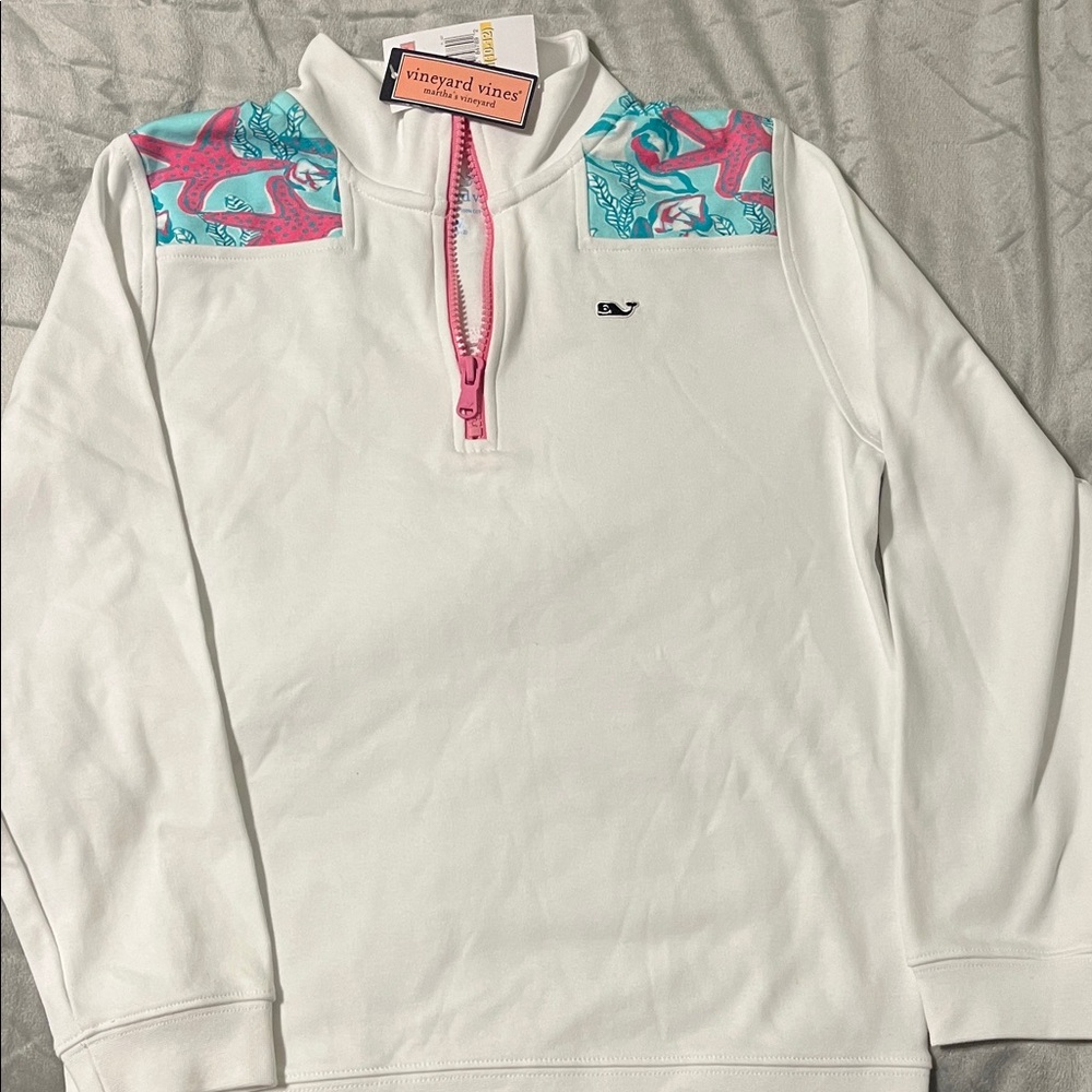 Vineyard Vines White Quarter-Zip with Pink and Blue Details